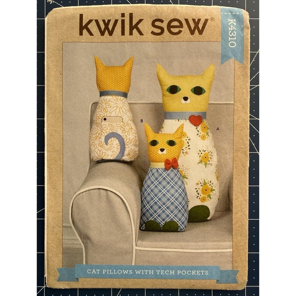Kwik Sew Pattern K4310 Stuffed Cat Pillows w Tech Pocket, Doll, Home Decor UC FF